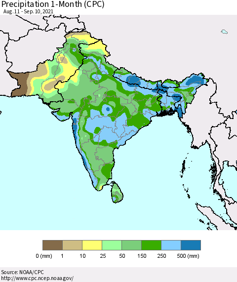 Southern Asia Precipitation 1-Month (CPC) Thematic Map For 8/11/2021 - 9/10/2021