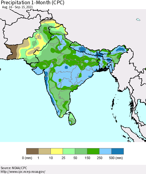 Southern Asia Precipitation 1-Month (CPC) Thematic Map For 8/16/2021 - 9/15/2021