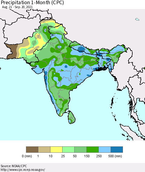 Southern Asia Precipitation 1-Month (CPC) Thematic Map For 8/21/2021 - 9/20/2021