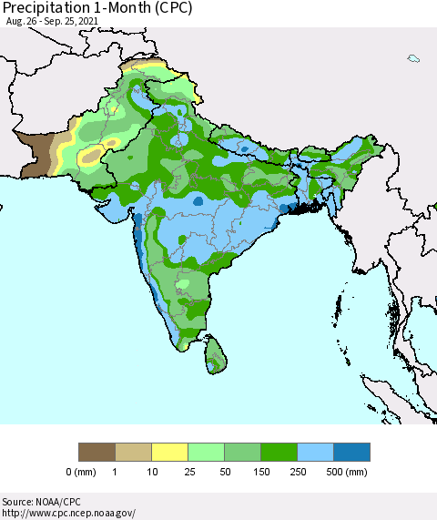 Southern Asia Precipitation 1-Month (CPC) Thematic Map For 8/26/2021 - 9/25/2021