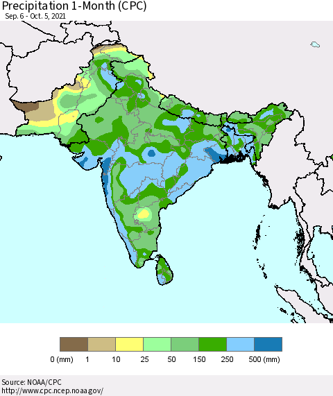 Southern Asia Precipitation 1-Month (CPC) Thematic Map For 9/6/2021 - 10/5/2021