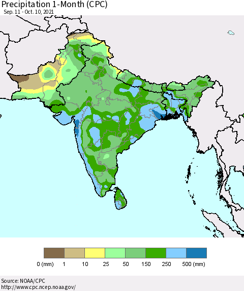 Southern Asia Precipitation 1-Month (CPC) Thematic Map For 9/11/2021 - 10/10/2021