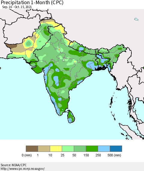 Southern Asia Precipitation 1-Month (CPC) Thematic Map For 9/16/2021 - 10/15/2021