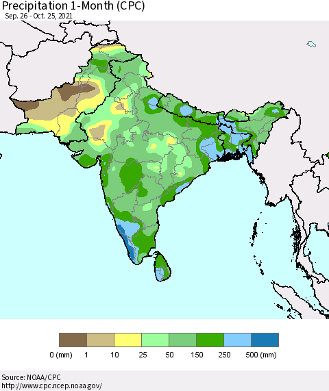 Southern Asia Precipitation 1-Month (CPC) Thematic Map For 9/26/2021 - 10/25/2021