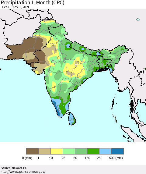 Southern Asia Precipitation 1-Month (CPC) Thematic Map For 10/6/2021 - 11/5/2021