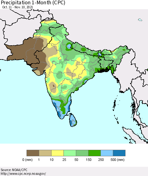 Southern Asia Precipitation 1-Month (CPC) Thematic Map For 10/11/2021 - 11/10/2021