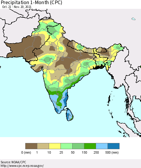 Southern Asia Precipitation 1-Month (CPC) Thematic Map For 10/21/2021 - 11/20/2021
