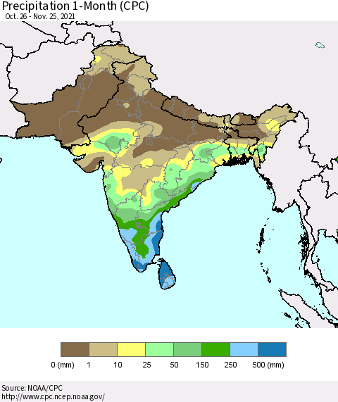Southern Asia Precipitation 1-Month (CPC) Thematic Map For 10/26/2021 - 11/25/2021