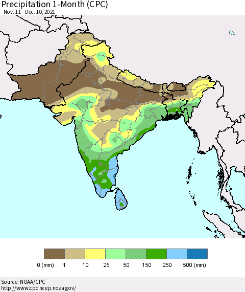 Southern Asia Precipitation 1-Month (CPC) Thematic Map For 11/11/2021 - 12/10/2021