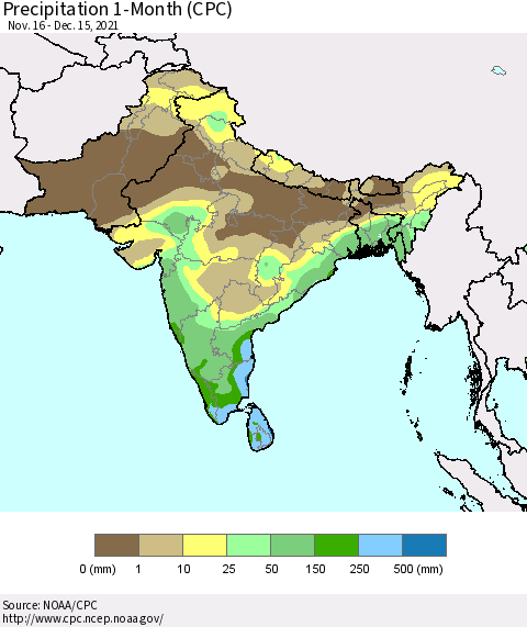 Southern Asia Precipitation 1-Month (CPC) Thematic Map For 11/16/2021 - 12/15/2021
