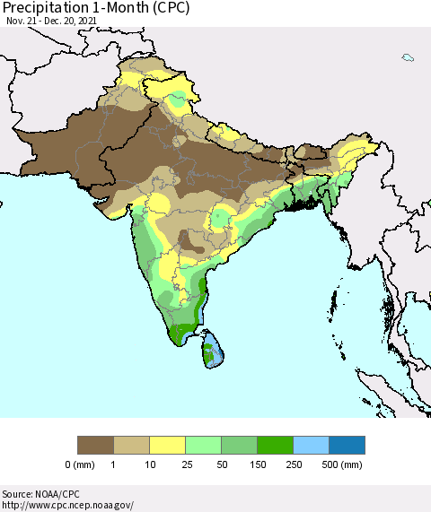 Southern Asia Precipitation 1-Month (CPC) Thematic Map For 11/21/2021 - 12/20/2021