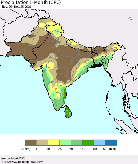 Southern Asia Precipitation 1-Month (CPC) Thematic Map For 11/26/2021 - 12/25/2021
