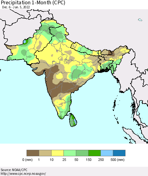 Southern Asia Precipitation 1-Month (CPC) Thematic Map For 12/6/2021 - 1/5/2022