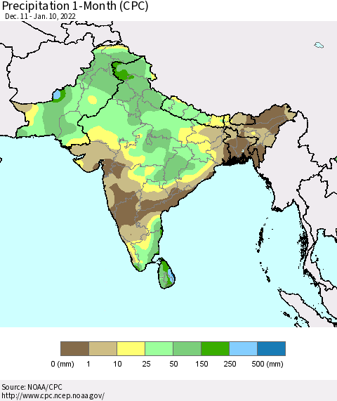 Southern Asia Precipitation 1-Month (CPC) Thematic Map For 12/11/2021 - 1/10/2022