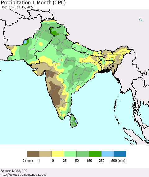 Southern Asia Precipitation 1-Month (CPC) Thematic Map For 12/16/2021 - 1/15/2022