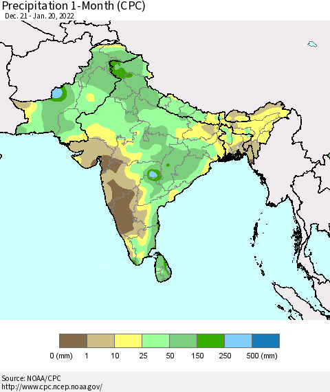 Southern Asia Precipitation 1-Month (CPC) Thematic Map For 12/21/2021 - 1/20/2022
