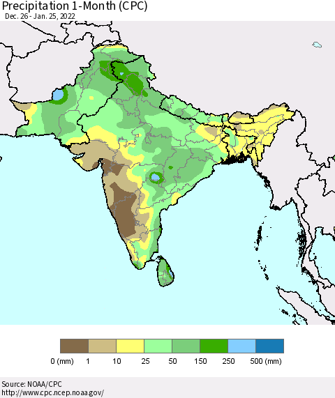 Southern Asia Precipitation 1-Month (CPC) Thematic Map For 12/26/2021 - 1/25/2022