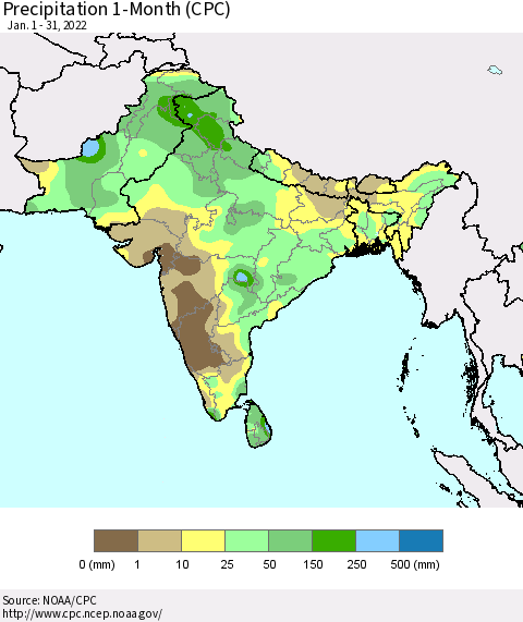 Southern Asia Precipitation 1-Month (CPC) Thematic Map For 1/1/2022 - 1/31/2022