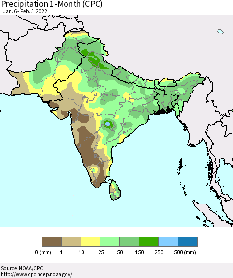Southern Asia Precipitation 1-Month (CPC) Thematic Map For 1/6/2022 - 2/5/2022