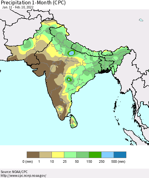 Southern Asia Precipitation 1-Month (CPC) Thematic Map For 1/11/2022 - 2/10/2022