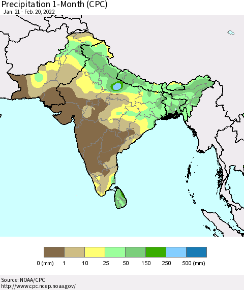 Southern Asia Precipitation 1-Month (CPC) Thematic Map For 1/21/2022 - 2/20/2022