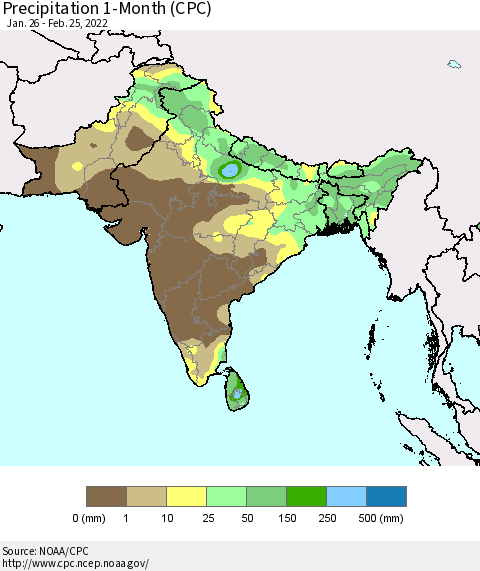 Southern Asia Precipitation 1-Month (CPC) Thematic Map For 1/26/2022 - 2/25/2022