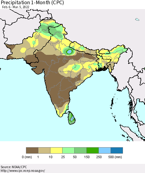 Southern Asia Precipitation 1-Month (CPC) Thematic Map For 2/6/2022 - 3/5/2022