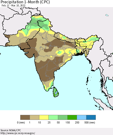 Southern Asia Precipitation 1-Month (CPC) Thematic Map For 2/11/2022 - 3/10/2022