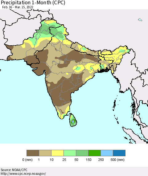 Southern Asia Precipitation 1-Month (CPC) Thematic Map For 2/16/2022 - 3/15/2022
