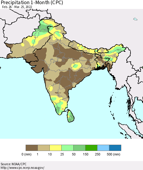 Southern Asia Precipitation 1-Month (CPC) Thematic Map For 2/26/2022 - 3/25/2022