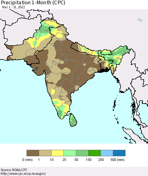 Southern Asia Precipitation 1-Month (CPC) Thematic Map For 3/1/2022 - 3/31/2022