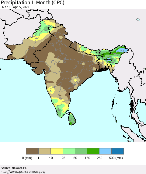 Southern Asia Precipitation 1-Month (CPC) Thematic Map For 3/6/2022 - 4/5/2022