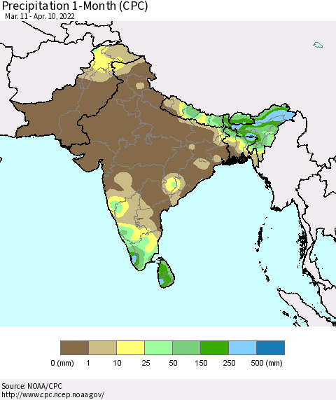 Southern Asia Precipitation 1-Month (CPC) Thematic Map For 3/11/2022 - 4/10/2022