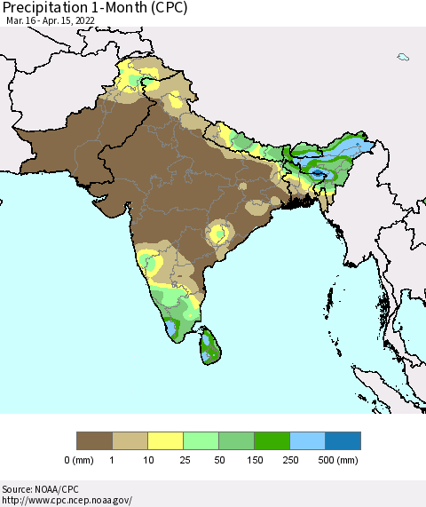 Southern Asia Precipitation 1-Month (CPC) Thematic Map For 3/16/2022 - 4/15/2022
