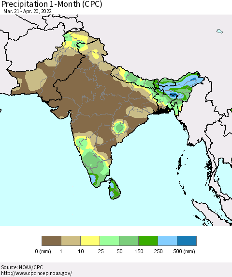 Southern Asia Precipitation 1-Month (CPC) Thematic Map For 3/21/2022 - 4/20/2022