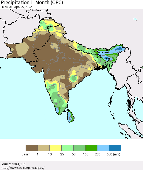 Southern Asia Precipitation 1-Month (CPC) Thematic Map For 3/26/2022 - 4/25/2022