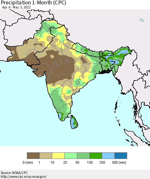 Southern Asia Precipitation 1-Month (CPC) Thematic Map For 4/6/2022 - 5/5/2022