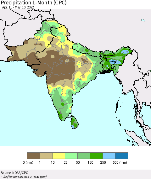 Southern Asia Precipitation 1-Month (CPC) Thematic Map For 4/11/2022 - 5/10/2022