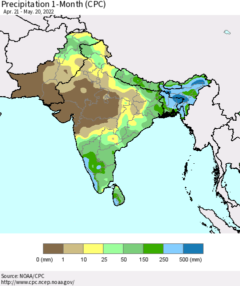 Southern Asia Precipitation 1-Month (CPC) Thematic Map For 4/21/2022 - 5/20/2022