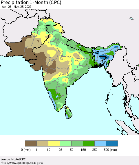 Southern Asia Precipitation 1-Month (CPC) Thematic Map For 4/26/2022 - 5/25/2022