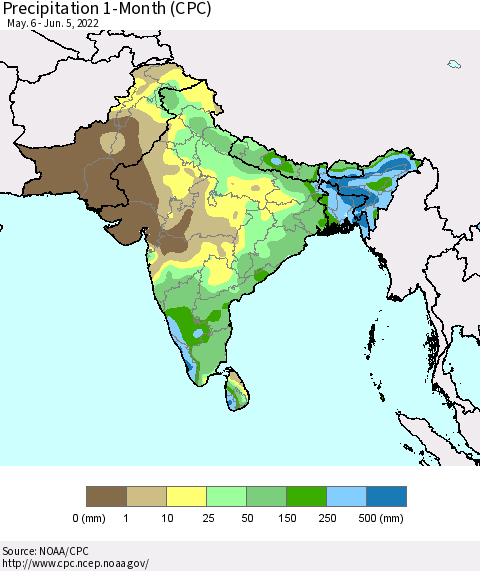 Southern Asia Precipitation 1-Month (CPC) Thematic Map For 5/6/2022 - 6/5/2022