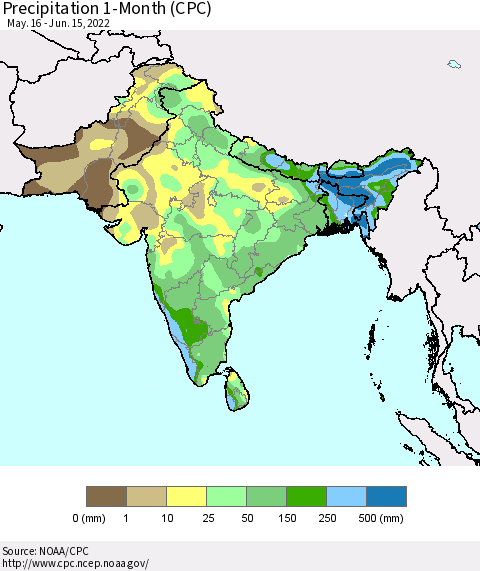 Southern Asia Precipitation 1-Month (CPC) Thematic Map For 5/16/2022 - 6/15/2022