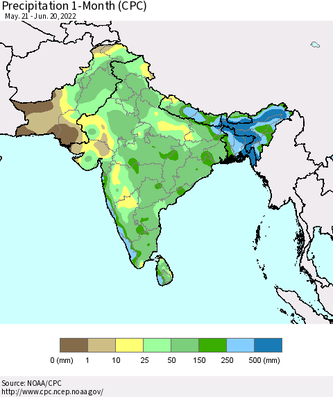 Southern Asia Precipitation 1-Month (CPC) Thematic Map For 5/21/2022 - 6/20/2022