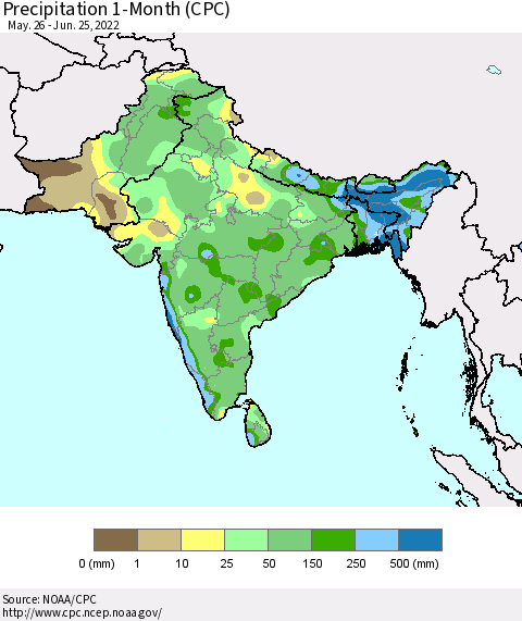 Southern Asia Precipitation 1-Month (CPC) Thematic Map For 5/26/2022 - 6/25/2022
