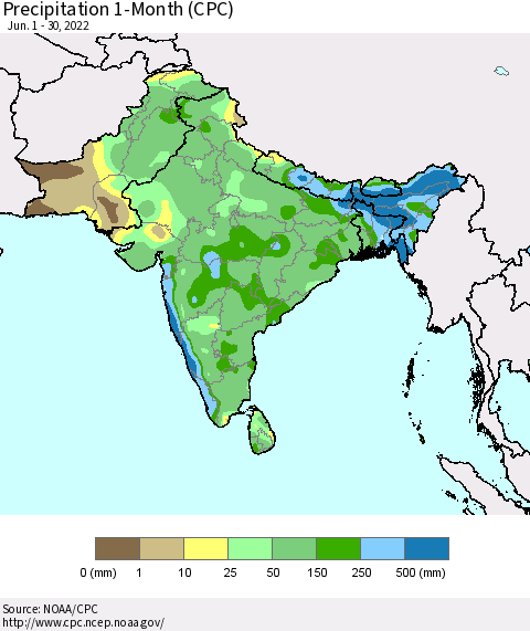 Southern Asia Precipitation 1-Month (CPC) Thematic Map For 6/1/2022 - 6/30/2022