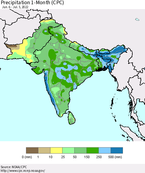 Southern Asia Precipitation 1-Month (CPC) Thematic Map For 6/6/2022 - 7/5/2022