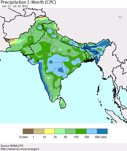 Southern Asia Precipitation 1-Month (CPC) Thematic Map For 6/11/2022 - 7/10/2022