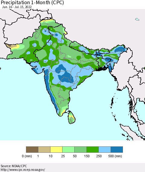 Southern Asia Precipitation 1-Month (CPC) Thematic Map For 6/16/2022 - 7/15/2022