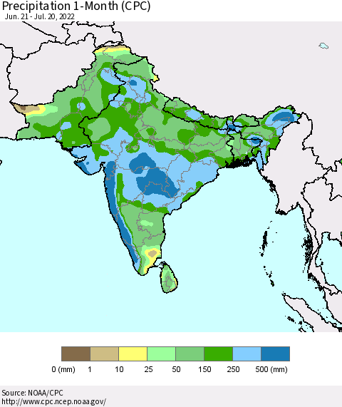 Southern Asia Precipitation 1-Month (CPC) Thematic Map For 6/21/2022 - 7/20/2022