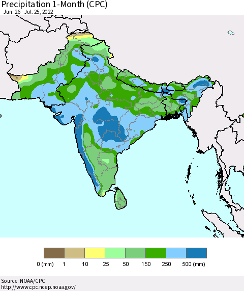 Southern Asia Precipitation 1-Month (CPC) Thematic Map For 6/26/2022 - 7/25/2022